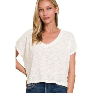 Zenana Hacci Slub V-neck Drop Shoulder‎ Crop Top